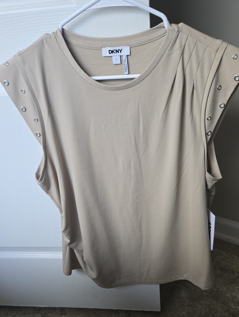 DKNY Beige Sleeveless Top with Studded Cap Sleeves